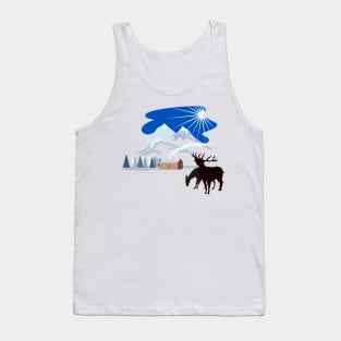 House in Winter Snow Mountains Deer Silhouette Tank Top